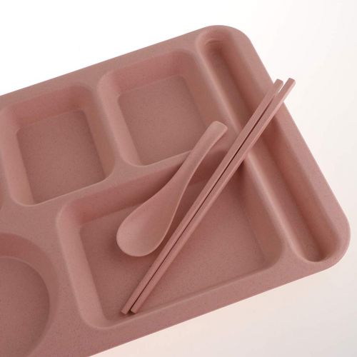  Fenteer Plastic Rectangular Divided Dinner Tray - 5 Sections - with Spoon, Bowl and Chopsticks for Convenient Use - Pink