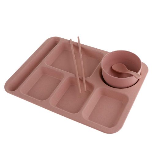  Fenteer Plastic Rectangular Divided Dinner Tray - 5 Sections - with Spoon, Bowl and Chopsticks for Convenient Use - Pink