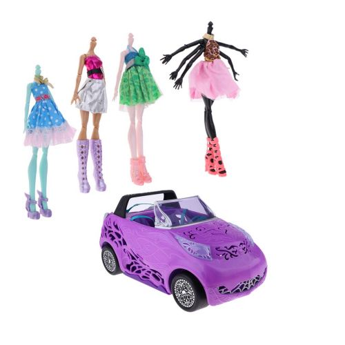  Fenteer Dollhouse Miniature Travel Car Model & Nude Body in Dress for Monster High Doll Kids Children Toys Gifts