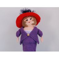 FernCottageFriends Hand knitted doll - fashionable lady in a red hat - stylish purple suit - diamond hat pins - collectible doll - birthday gift - club mascot