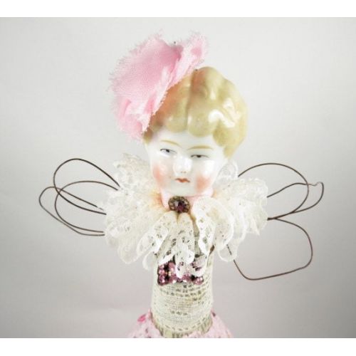  Ferrytalesgifts Art Doll Angel Assemblage Pink Perfection Assemblage Art Angel, Antique Geman Doll Head, Vintage Style Doll in Pink