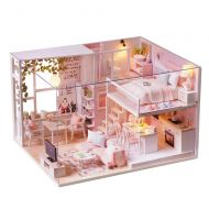 Fesjoy DIY Miniature Loft Dollhouse Kit Realistic Mini 3D Pink Wooden House Room Toy with Furniture LED Lights Christmas Childrens Day Birthday Gift