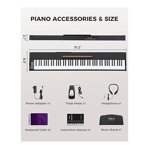  Fesley Weighted Piano Keyboard 88 Keys: Full Size Electric Keyboard Piano for Beginners, Portable 88 Key Keyboard with Daul Speaker,Sustain Pedal,Power Adapter,Support Bluetooth,USB MIDI,FEP300,Black