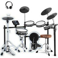 Fesley FED1200W Electric Drum Set, Full Size Electronic Drum Set with 5 Mesh Dual Zone Drum Pads, Moving Hi Hat, Electric Drums with USB MIDI function, 475 sound, Throne, Headphones, Sticks, Black