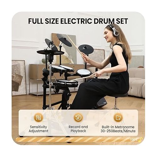  Fesley Electric Drum Set, Electronic Drum Set with 4 Quiet Mesh Drum Pads, Independent HiHat and Kick Drum Full Size Adult Drum Set, 3 Cymbals with Choke, 225 Sounds, USB MIDI, Drum Throne, and Sticks