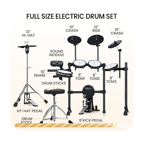  Fesley Electric Drum Set, Electronic Drum Set with 4 Quiet Mesh Drum Pads, Independent HiHat and Kick Drum Full Size Adult Drum Set, 3 Cymbals with Choke, 225 Sounds, USB MIDI, Drum Throne, and Sticks