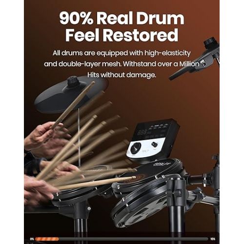  Fesley Electric Drum Set for Beginner: Electronic Drum Set with Dual Area Snare Drum & Quiet Mesh Drum Pads, Drum Kit with 2 Drum Sticks, Electric Drum Sets with Drum Throne, MIDI, Headphones