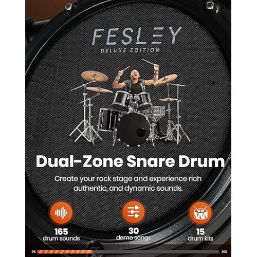  Fesley Electric Drum Set for Beginner: Electronic Drum Set with Dual Area Snare Drum & Quiet Mesh Drum Pads, Drum Kit with 2 Drum Sticks, Electric Drum Sets with Drum Throne, MIDI, Headphones