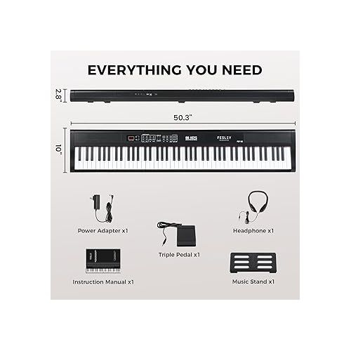  Fesley Piano Keyboard 88 Keys, Full-Size Digital Piano Keyboard, Portable Electric Keyboard Piano, 88 Key Keyboard With Music Stand, Power Adapter, Sustain Pedal, Bluetooth, MIDI