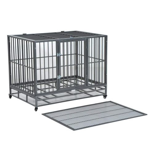  Festnight Large Metal Dog Crate, Stainless Steel Elevated Indestructible Dog Kennel Rolling Pet Crate with Dual Pans, 42