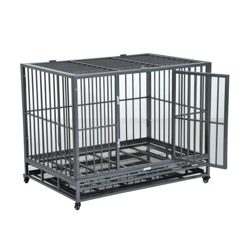  Festnight Large Metal Dog Crate, Stainless Steel Elevated Indestructible Dog Kennel Rolling Pet Crate with Dual Pans, 42