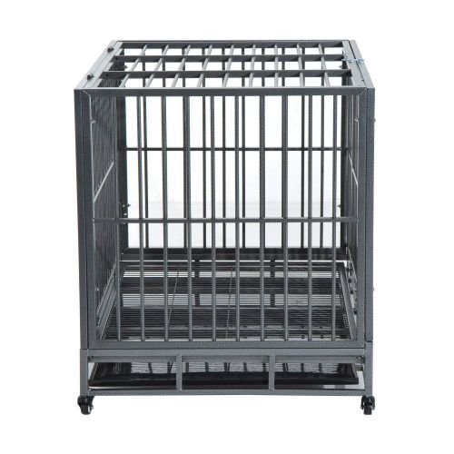  Festnight Large Metal Dog Crate, Stainless Steel Elevated Indestructible Dog Kennel Rolling Pet Crate with Dual Pans, 42