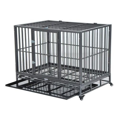  Festnight Large Metal Dog Crate, Stainless Steel Elevated Indestructible Dog Kennel Rolling Pet Crate with Dual Pans, 42