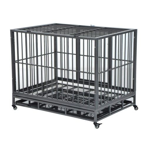  Festnight Large Metal Dog Crate, Stainless Steel Elevated Indestructible Dog Kennel Rolling Pet Crate with Dual Pans, 42