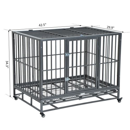  Festnight Large Metal Dog Crate, Stainless Steel Elevated Indestructible Dog Kennel Rolling Pet Crate with Dual Pans, 42
