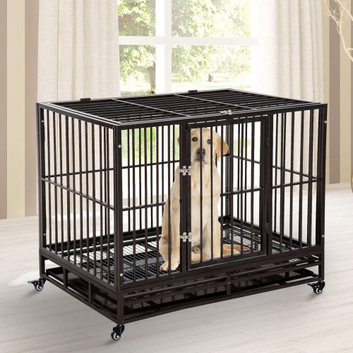  Festnight Heavy Duty Steel Dog Crate Kennel Pet Cage with Wheels, 42