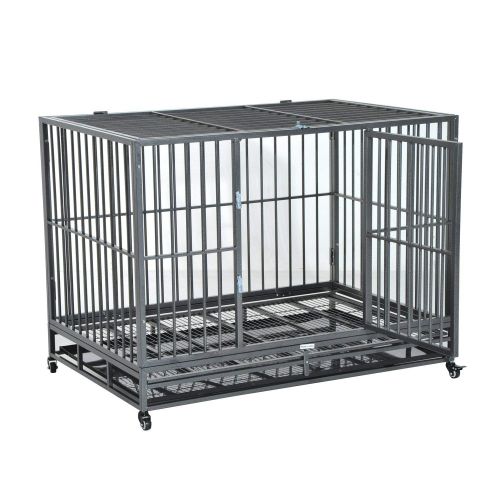  Festnight Heavy Duty Steel Dog Crate Kennel Pet Cage with Wheels, Dual Pans, 48