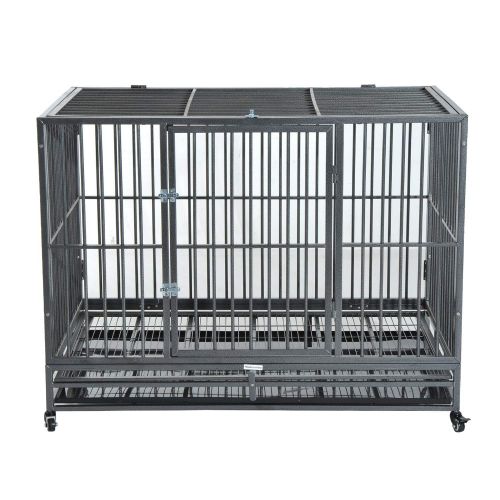  Festnight Heavy Duty Steel Dog Crate Kennel Pet Cage with Wheels, Dual Pans, 48