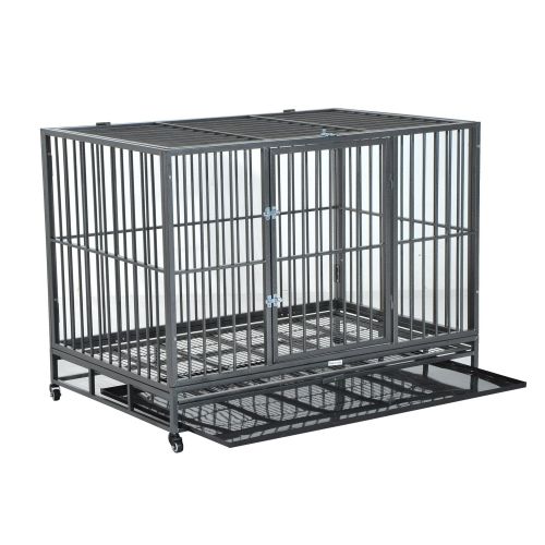  Festnight Heavy Duty Steel Dog Crate Kennel Pet Cage with Wheels, Dual Pans, 48