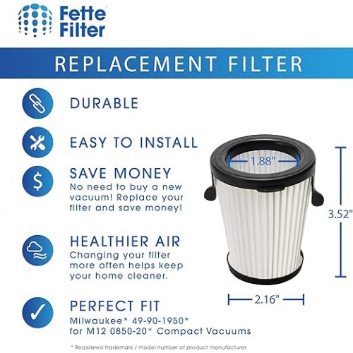  Fette Filter - 49-90-1950 HEPA Filter Replacement Compatible with Milwaukee 49-90-1950 HEPA Filter Replacement for M12 0850-20 Compact VAC 2 Pack