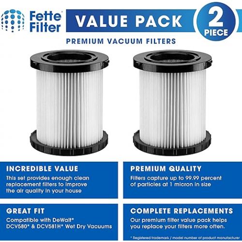 Fette Filter- Wet Dry Vacuum Replacement Filters Compatible with DeWalt DCV580 & DCV581H wet-dry vacuums Part # DCV5801H (Pack of 2)