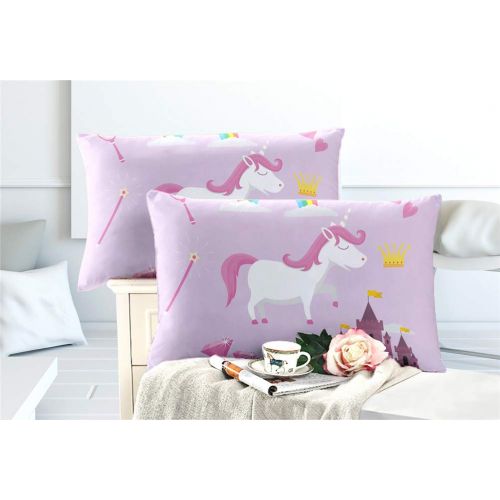  Feyart Girls Boys Twin Bedding Set Unicorn Rainbow Castle 4-Piece, Duvet Cover/Flat Sheet/Set of 2 Pillow Shams, Ultra-Soft Anti-allergenic Microfiber, Purple