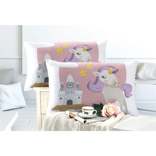  Feyart Girls Boys Twin Bedding Set Unicorn Rainbow Castle 4-Piece, Duvet Cover/Flat Sheet/Set of 2 Pillow Shams, Ultra-Soft Anti-allergenic Microfiber, Purple