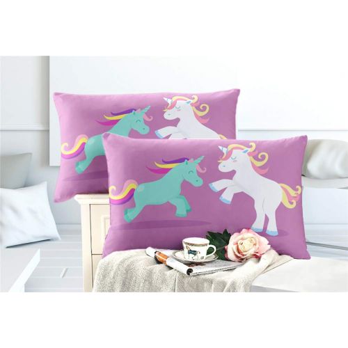  Feyart Girls Boys Twin Bedding Set Unicorn Rainbow Castle 4-Piece, Duvet Cover/Flat Sheet/Set of 2 Pillow Shams, Ultra-Soft Anti-allergenic Microfiber, Purple