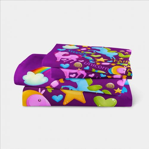  Feyart Girls Boys Twin Bedding Set Unicorn Rainbow Castle 4-Piece, Duvet Cover/Flat Sheet/Set of 2 Pillow Shams, Ultra-Soft Anti-allergenic Microfiber, Purple