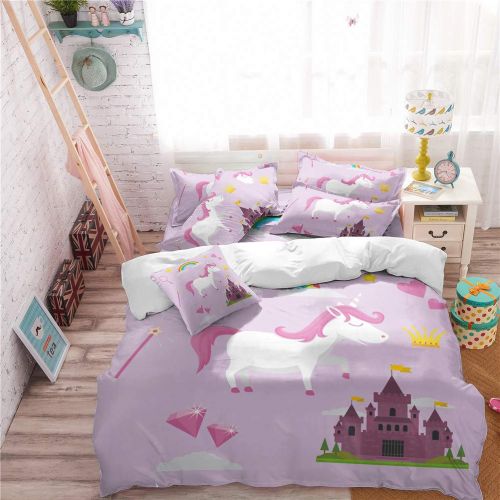  Feyart Girls Boys Twin Bedding Set Unicorn Rainbow Castle 4-Piece, Duvet Cover/Flat Sheet/Set of 2 Pillow Shams, Ultra-Soft Anti-allergenic Microfiber, Purple