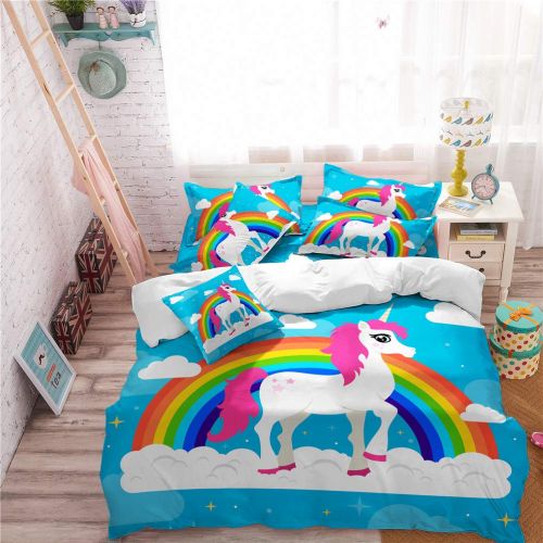  Feyart Girls Boys Twin Bedding Set Unicorn Rainbow Castle 4-Piece, Duvet Cover/Flat Sheet/Set of 2 Pillow Shams, Ultra-Soft Anti-allergenic Microfiber, Purple