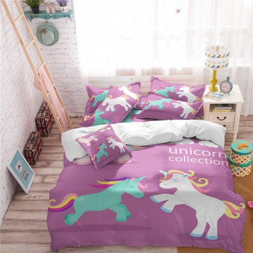  Feyart Girls Boys Twin Bedding Set Unicorn Rainbow Castle 4-Piece, Duvet Cover/Flat Sheet/Set of 2 Pillow Shams, Ultra-Soft Anti-allergenic Microfiber, Purple