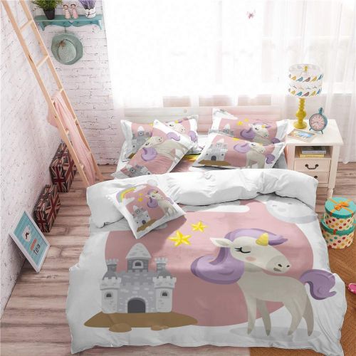  Feyart Girls Boys Twin Bedding Set Unicorn Rainbow Castle 4-Piece, Duvet Cover/Flat Sheet/Set of 2 Pillow Shams, Ultra-Soft Anti-allergenic Microfiber, Purple