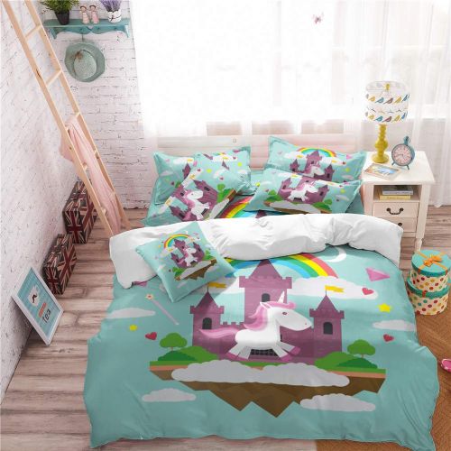  Feyart Girls Boys Twin Bedding Set Unicorn Rainbow Castle 4-Piece, Duvet Cover/Flat Sheet/Set of 2 Pillow Shams, Ultra-Soft Anti-allergenic Microfiber, Purple