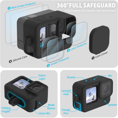  FitStill Silicone Sleeve Case for Hero 10 /Hero 9 Black, Battery Side Cover & Screen Protectors & Lens Caps & Lanyard for Go Pro Hero10 Hero9 Accessories Kit