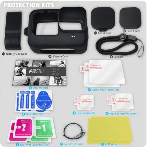  FitStill Silicone Sleeve Case for Hero 10 /Hero 9 Black, Battery Side Cover & Screen Protectors & Lens Caps & Lanyard for Go Pro Hero10 Hero9 Accessories Kit
