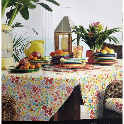  Fiesta Bright Floral Tablecloth Blue Red Yellow Orange Spring Green Flowers on White - Isadora Floral/Multi - 60 Inches by 102 Inches