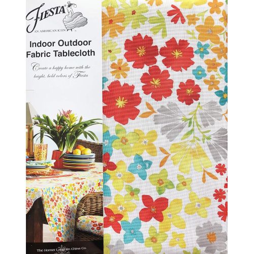  Fiesta Bright Floral Tablecloth Blue Red Yellow Orange Spring Green Flowers on White - Isadora Floral/Multi - 60 Inches by 84 Inches