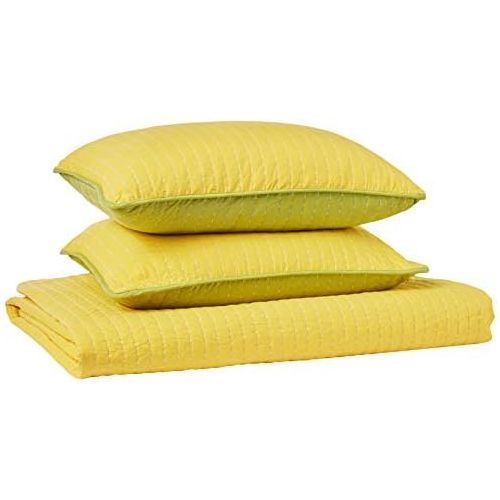  Fiesta Dash Reversible Quilt Set with 2 Euro Shams, FullQueen, Lemongrass GreenSunshine Yellow