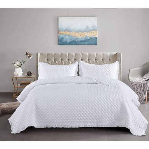  [아마존베스트]Figuran Quilt Set White 2-Piece with Pillow Shams ,Ruffle Design Decorative Quilt，Microfiber Lightweight Soft Bedding Coverlet Quilt for All Season（1Quilt&1Pillowcase）(Twin)