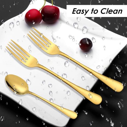  [아마존베스트]Set of 12, Gold Plated Stainless Steel Dinner Forks and Spoons, findTop Heavy-duty Forks (8 Inch) and Spoons (7 Inch) Cutlery Set- Gold