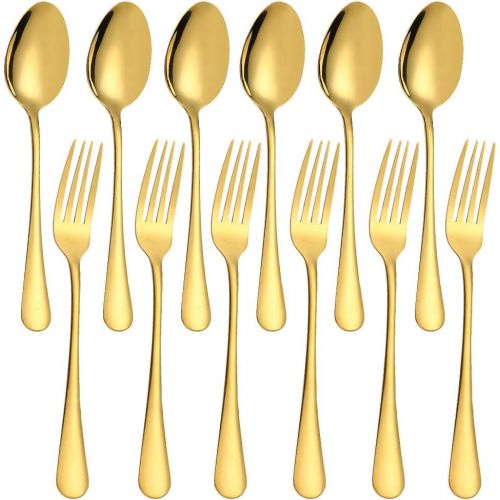  [아마존베스트]Set of 12, Gold Plated Stainless Steel Dinner Forks and Spoons, findTop Heavy-duty Forks (8 Inch) and Spoons (7 Inch) Cutlery Set- Gold