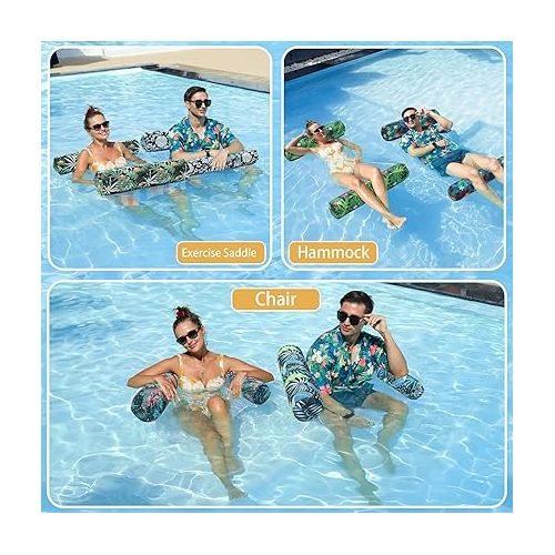  FindUWill Fabric Pool Floats Hammock, XL, 2 Pack Inflatable Water Floaties 4-in-1 (Saddle, Lounge Chair, Drifter), Lake, Beach, Pool Accessories for Adults