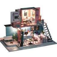 Fine-day Dollhouse Miniature DIY House with LED Light, Pink Style Coffee Shop DIY House Kit Creative Room with Furniture Best Christmas Birthday Valentines Gifts for Children and Women