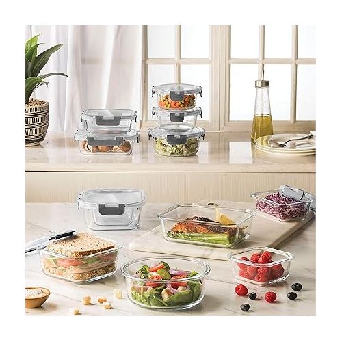  FineDine 24 Piece Glass Storage Containers with Lids - Leak Proof, Dishwasher Safe Glass Food Storage Containers for Meal Prep or Leftovers, Gray