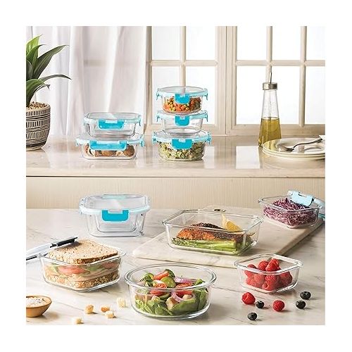  FineDine 24 Piece Glass Storage Containers with Lids - Leak Proof, Dishwasher Safe Glass Food Storage Containers for Meal Prep or Leftovers, Teal