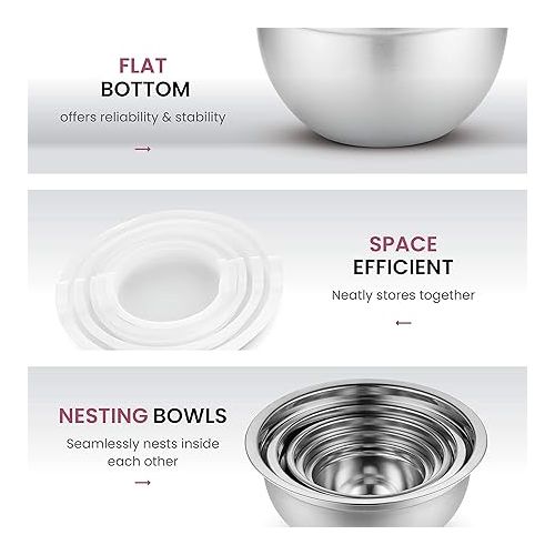  FineDine Stainless Steel Mixing Bowls Set with Lids, Home Kitchen Cooking Essentials Household Must Haves for Baking, 5 Pieces