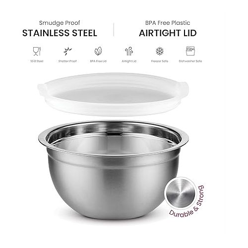  FineDine Stainless Steel Mixing Bowls Set with Lids, Home Kitchen Cooking Essentials Household Must Haves for Baking, 5 Pieces
