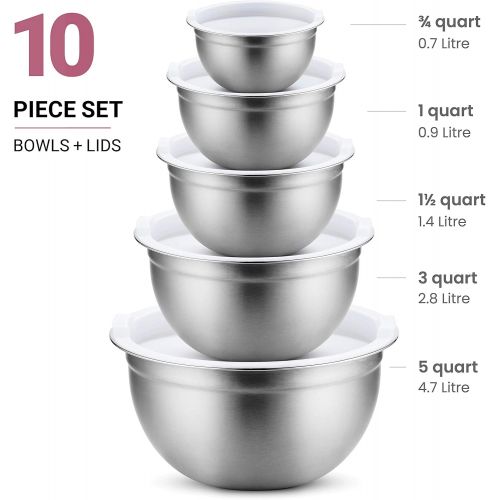  FineDine Premium Stainless Steel Mixing Bowls with Airtight Lids (Set of 5) Nesting Bowls for Space Saving Storage, Easy Grip & Stability Design Mixing Bowl Set Versatile For Cooking, Bakin