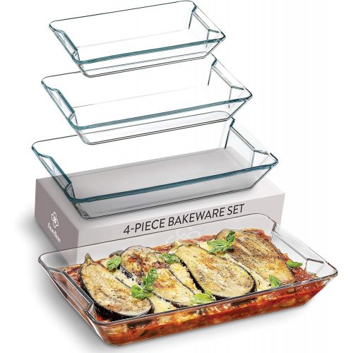  FineDine Superior Glass Casserole Dish Set - 4-Piece Rectangular Bakeware Set, Modern Unique Design Glass Baking-Dish Set - Grip Handles for Easy Carry from Hot Oven To Table, Nesting for S